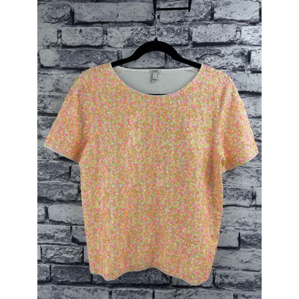 J. Crew Neon Sequin Short Sleeve Top